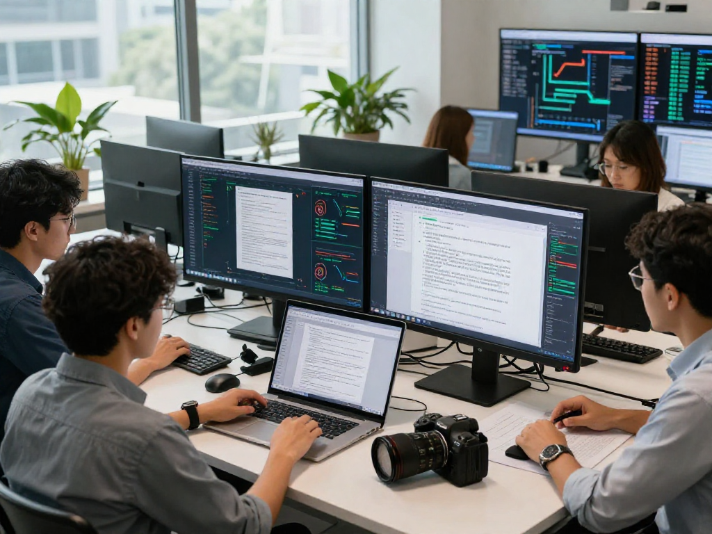 Document fraud detection analysis by a diverse cybersecurity team, showcasing AI-driven technology in an innovative workspace.