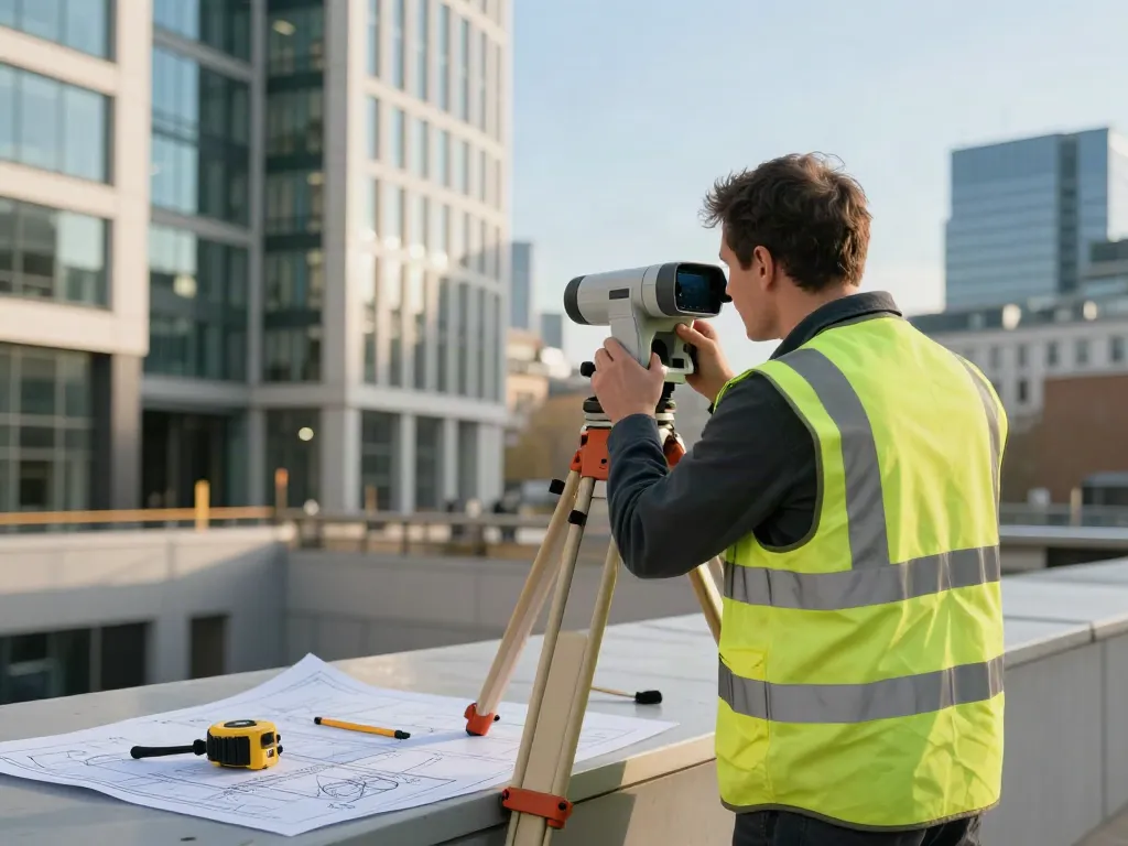 Measured Building Survey London with a surveyor using advanced equipment in an urban setting.