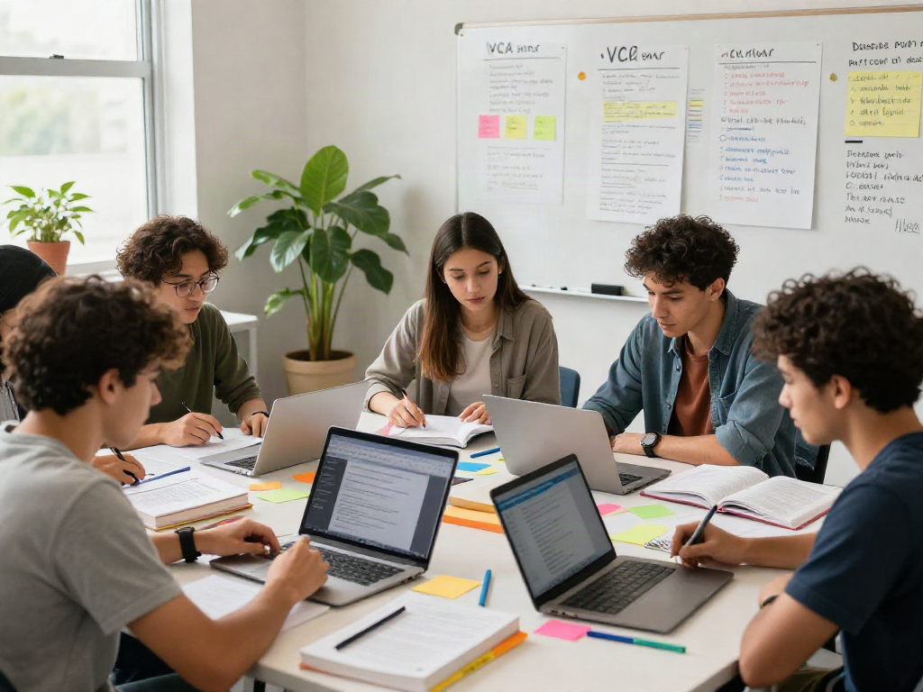 Studenten VCA Kopen studeren samen met boeken en laptops in een lichte leeromgeving.
