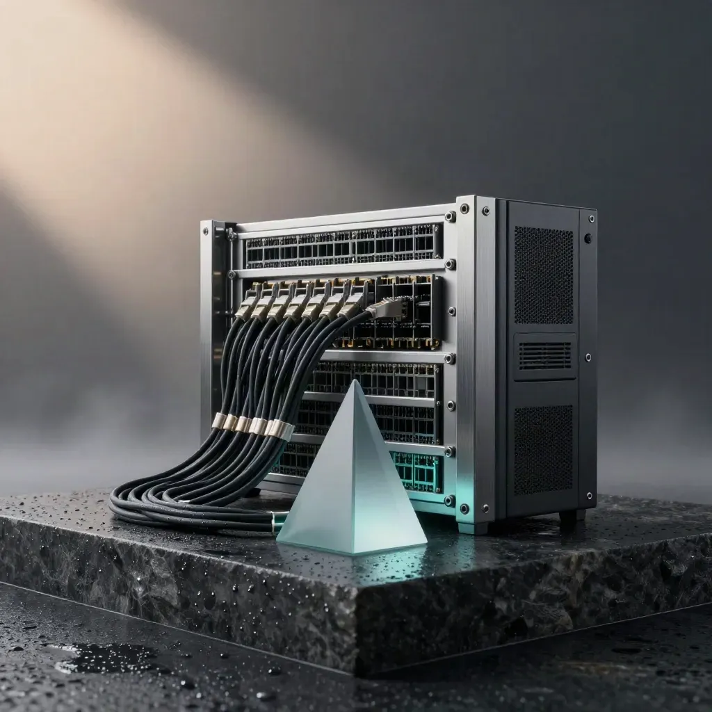 Graphite server rack core on wet stone with braided cables and a frosted prism in dawn mist.
