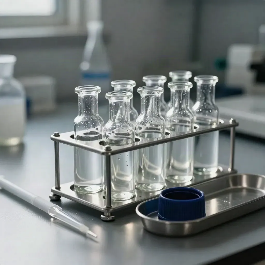 Glass reagent vials in a steel rack beside a pipette sleeve and cap tray