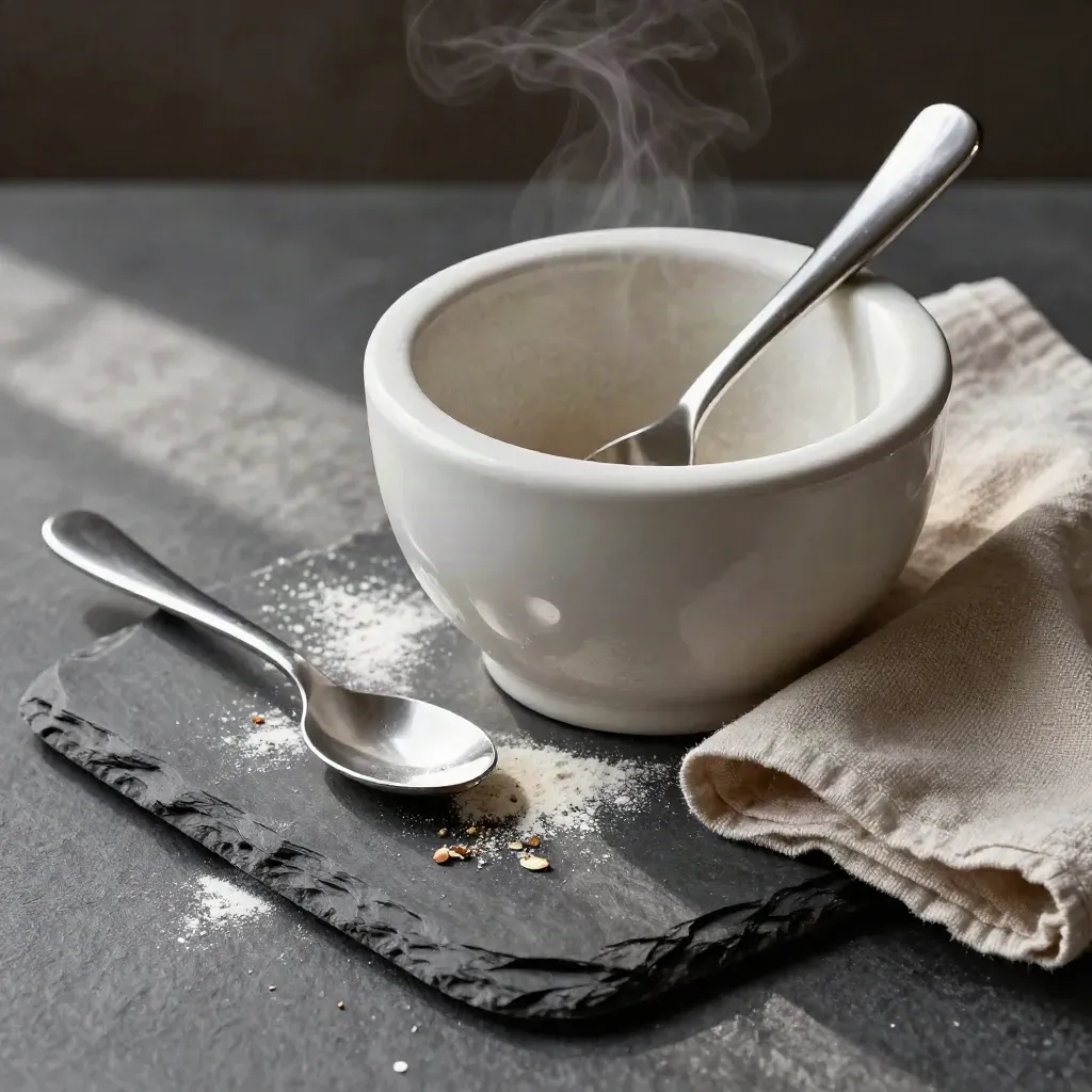 Spice mortar, tasting spoon and linen on slate with steam and flour dust