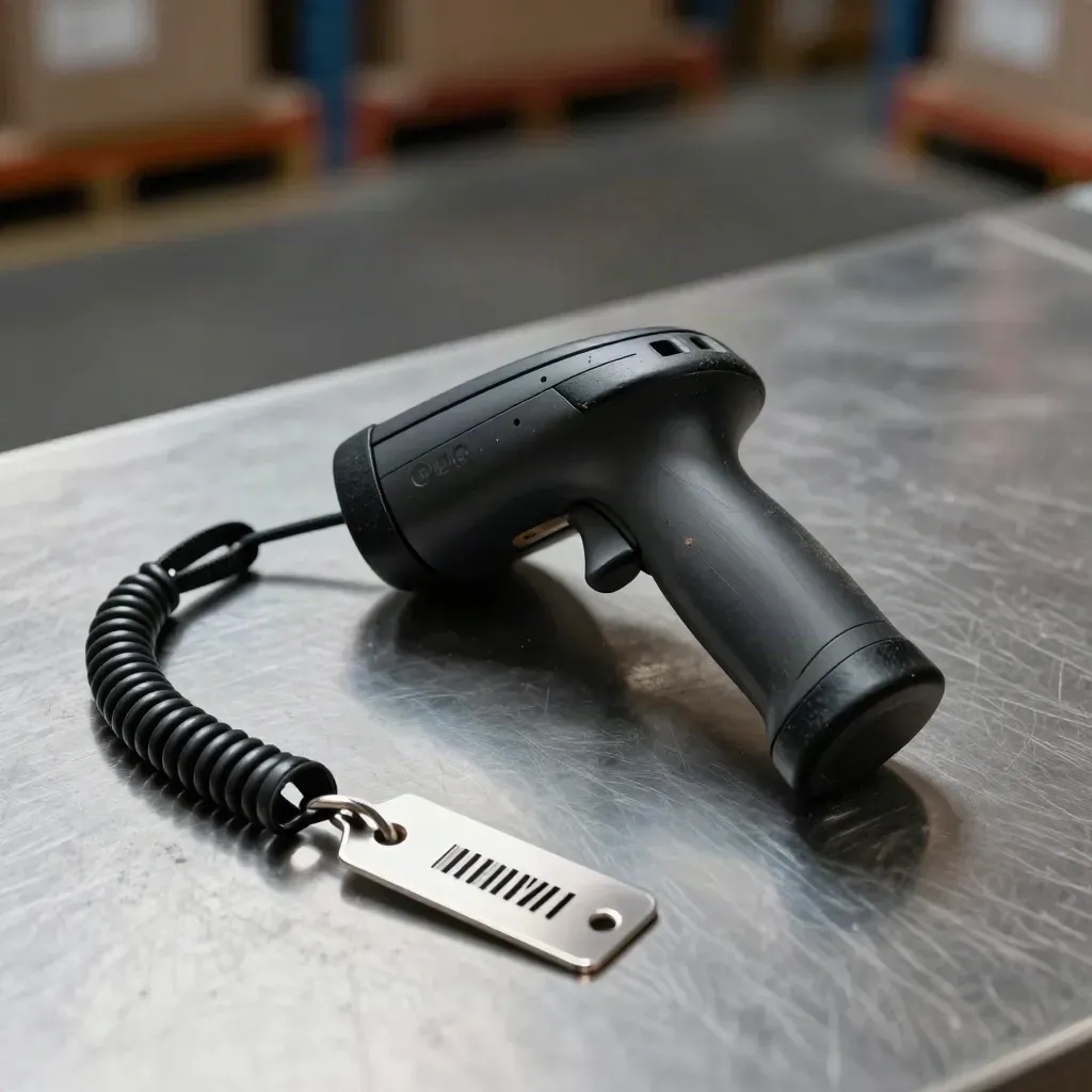 Barcode scanner, lanyard and cable tags on brushed steel in dramatic warehouse light.