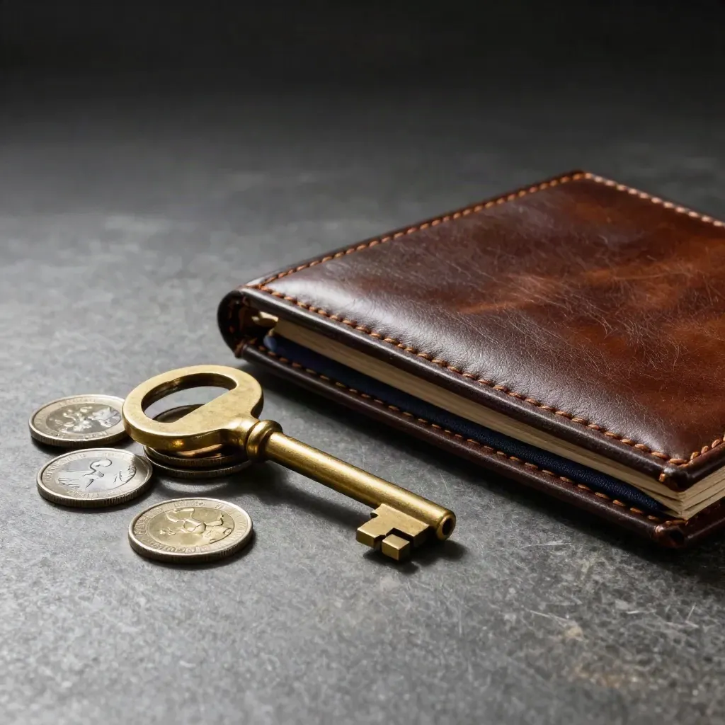 Brass vault key across coin stack beside a closed leather ledger clamp on stone.