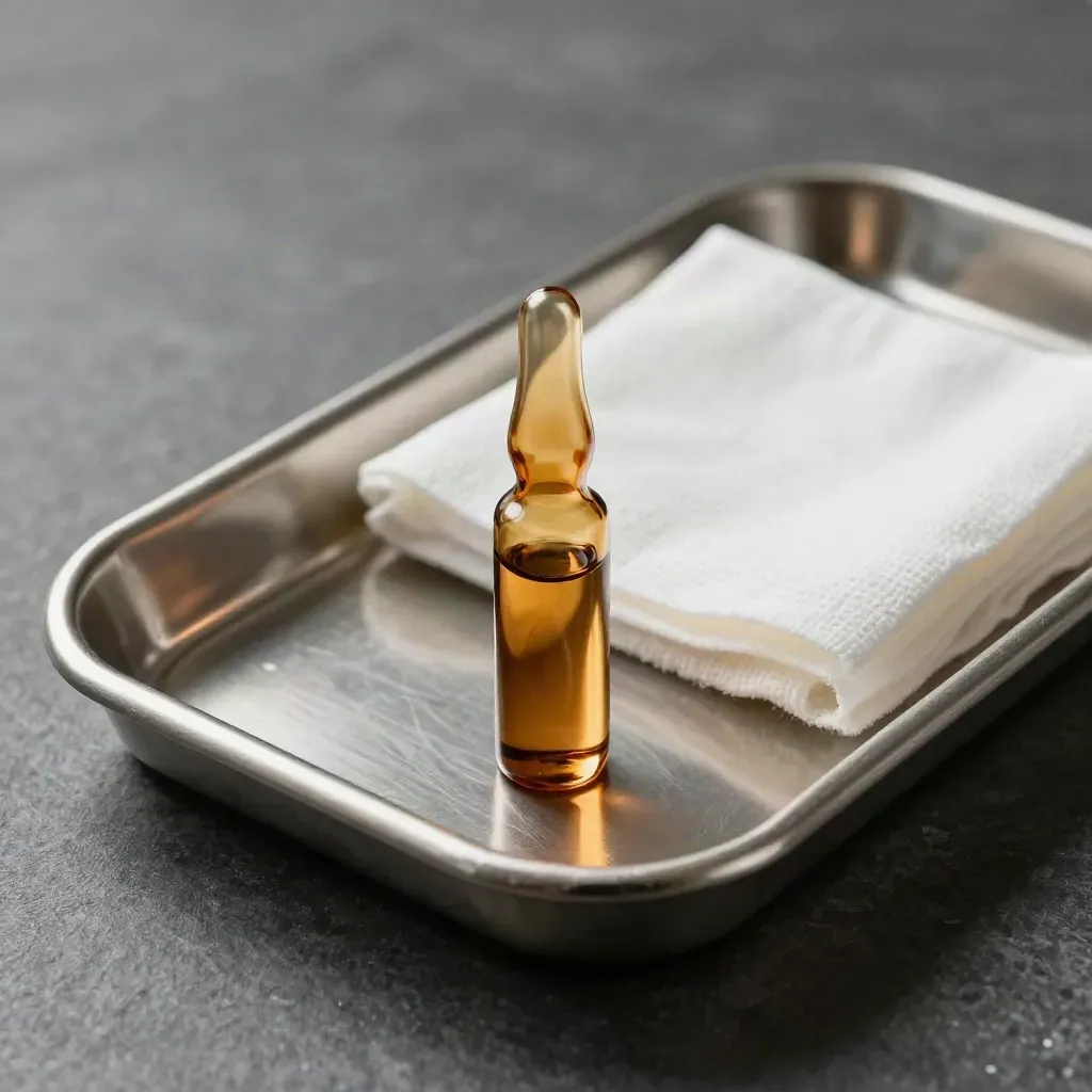 Macro still life of a stainless tray, ampoules, and gauze on dark clinical stone.