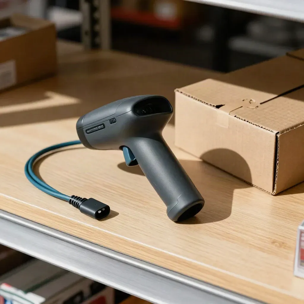Retail scanner cradle, RFID cable and cardboard carrier on pale oak, lit from upper left.