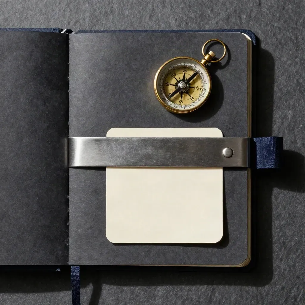 Brass compass on a charcoal notebook beside clipped index cards on slate