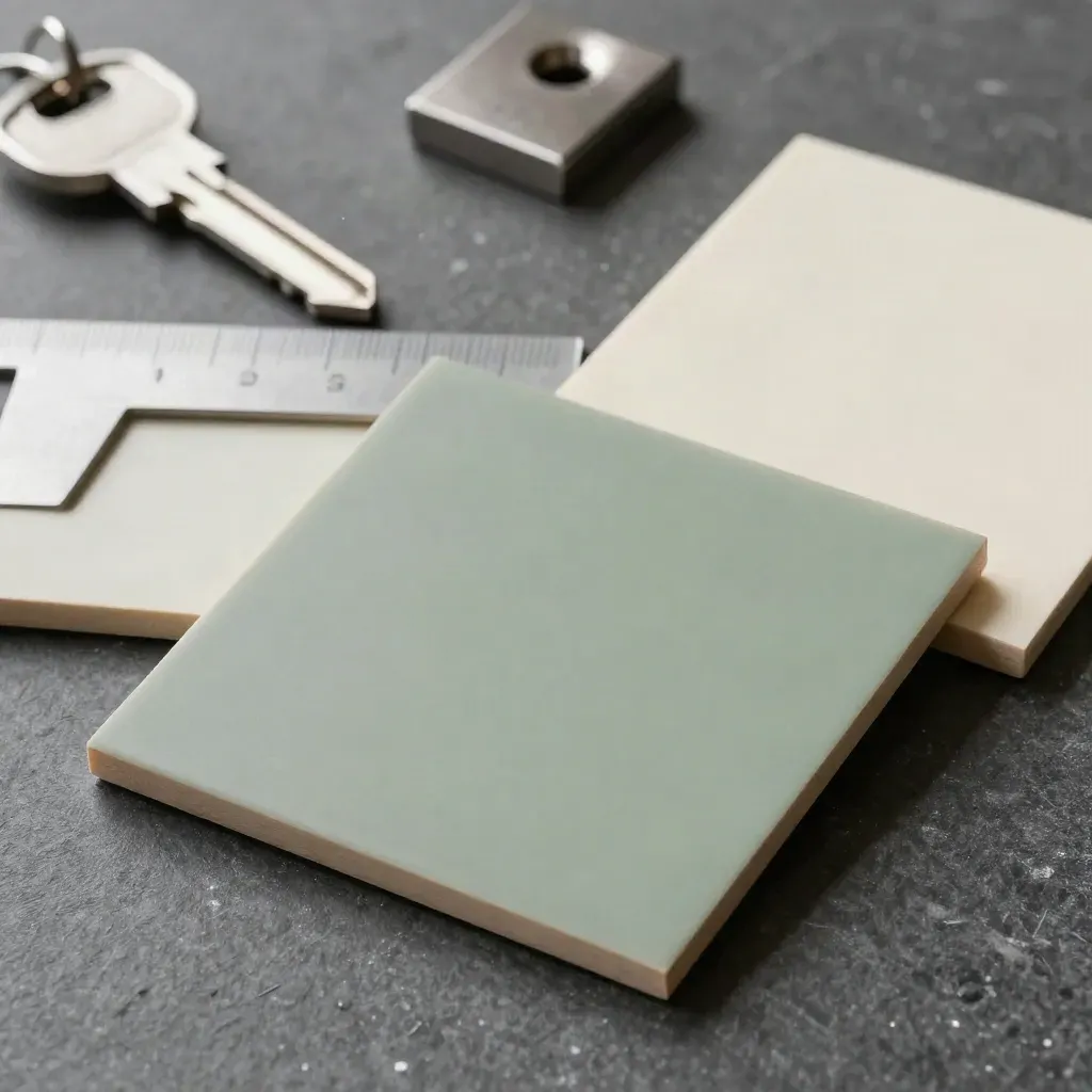 Matte acrylic layout tiles, alignment square and metal spacer on a dark stone surface under hard light.