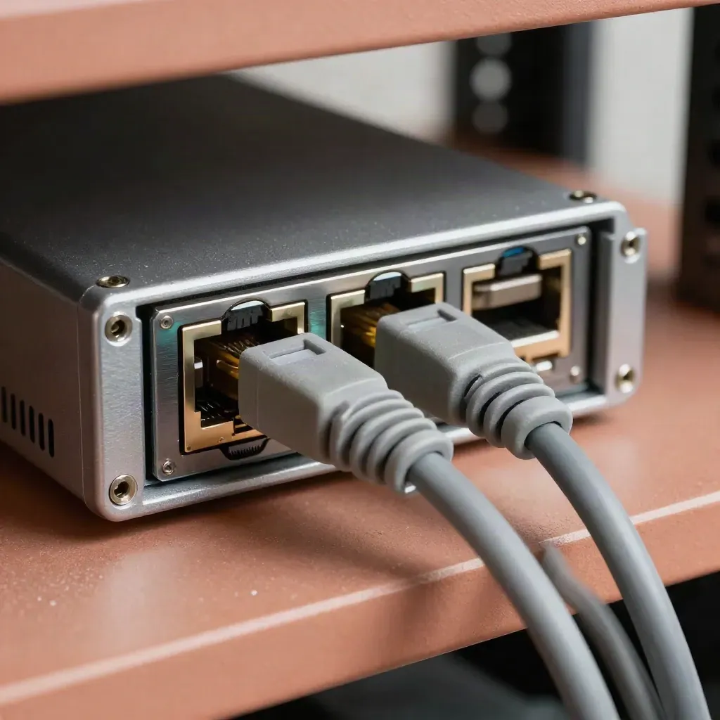Macro of a server drive caddy, patch leads, and cable comb on a metal shelf.
