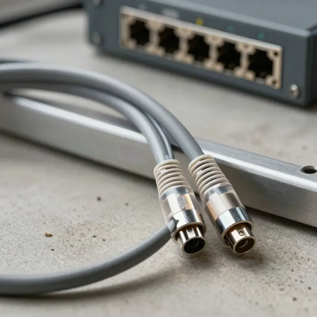 Fiber patch cords threaded through metal couplers on a concrete bench in crisp overhead light.