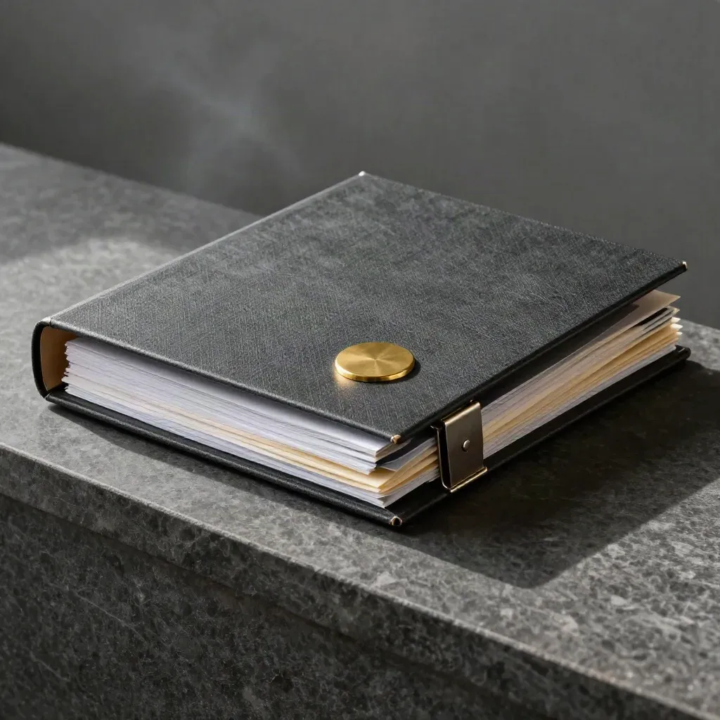 Closed report binder with brass seal and divider tabs on dark stone, lit from upper left.