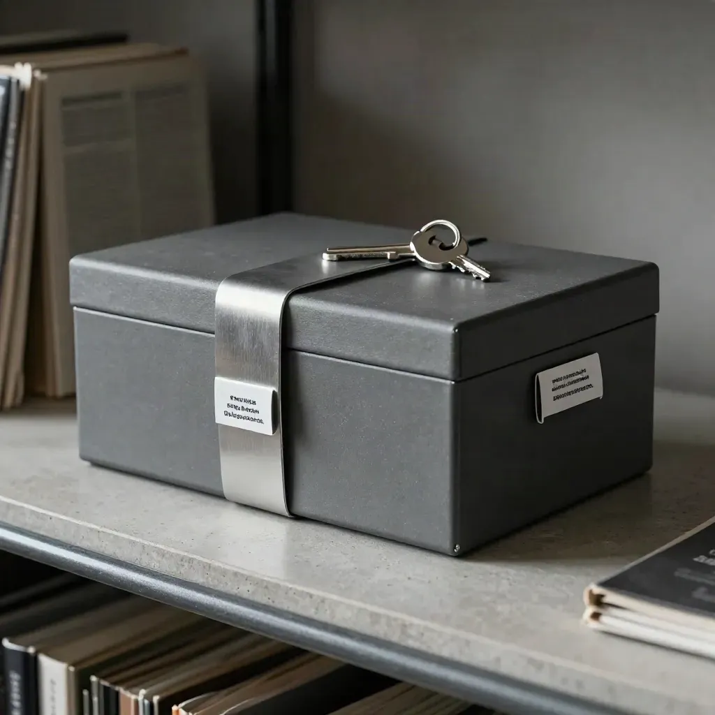 Archive box with tamper band, key ring, and classification tags on a concrete shelf