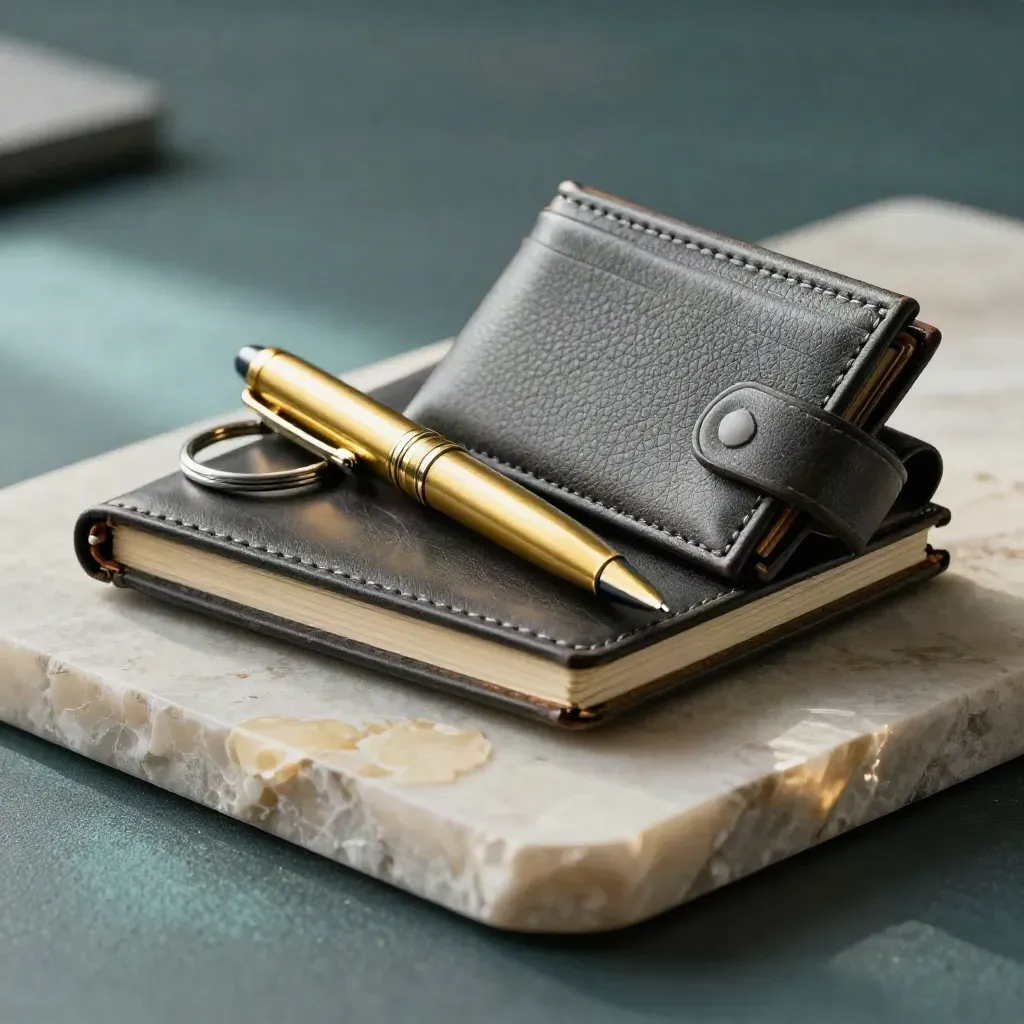 Brass pen, closed notebook, key ring and card wallet behind a frosted acrylic divider.