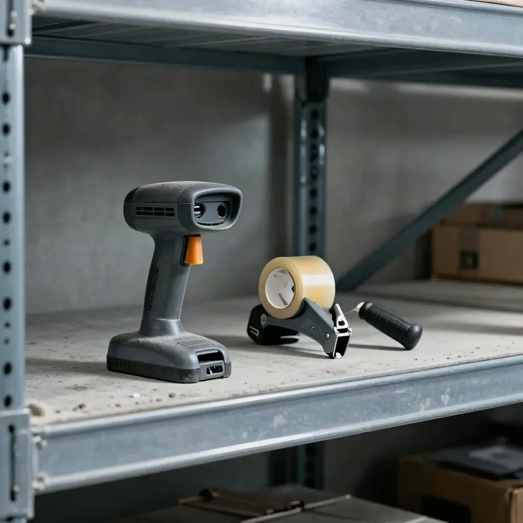 Warehouse shelf still life with handheld scanner, tape gun and pallet seal clip in moody light.