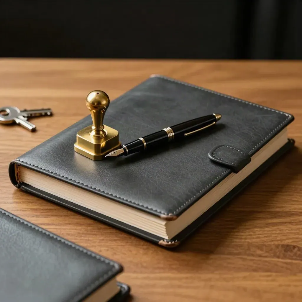 Top-down finance sign-off still life: binder, pen, brass paperweight and seal stamp on oak.