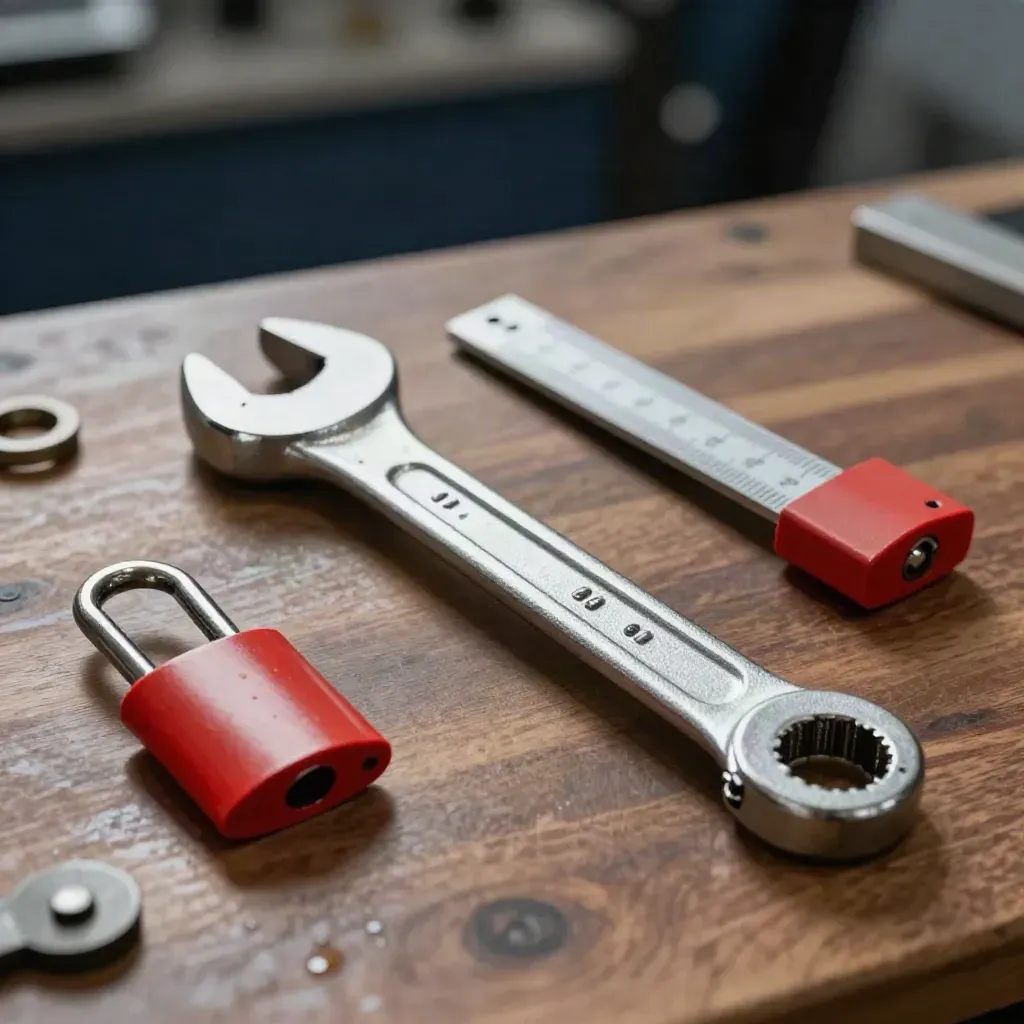 Torque wrench, gauge blocks and safety lock tag on a walnut workbench.