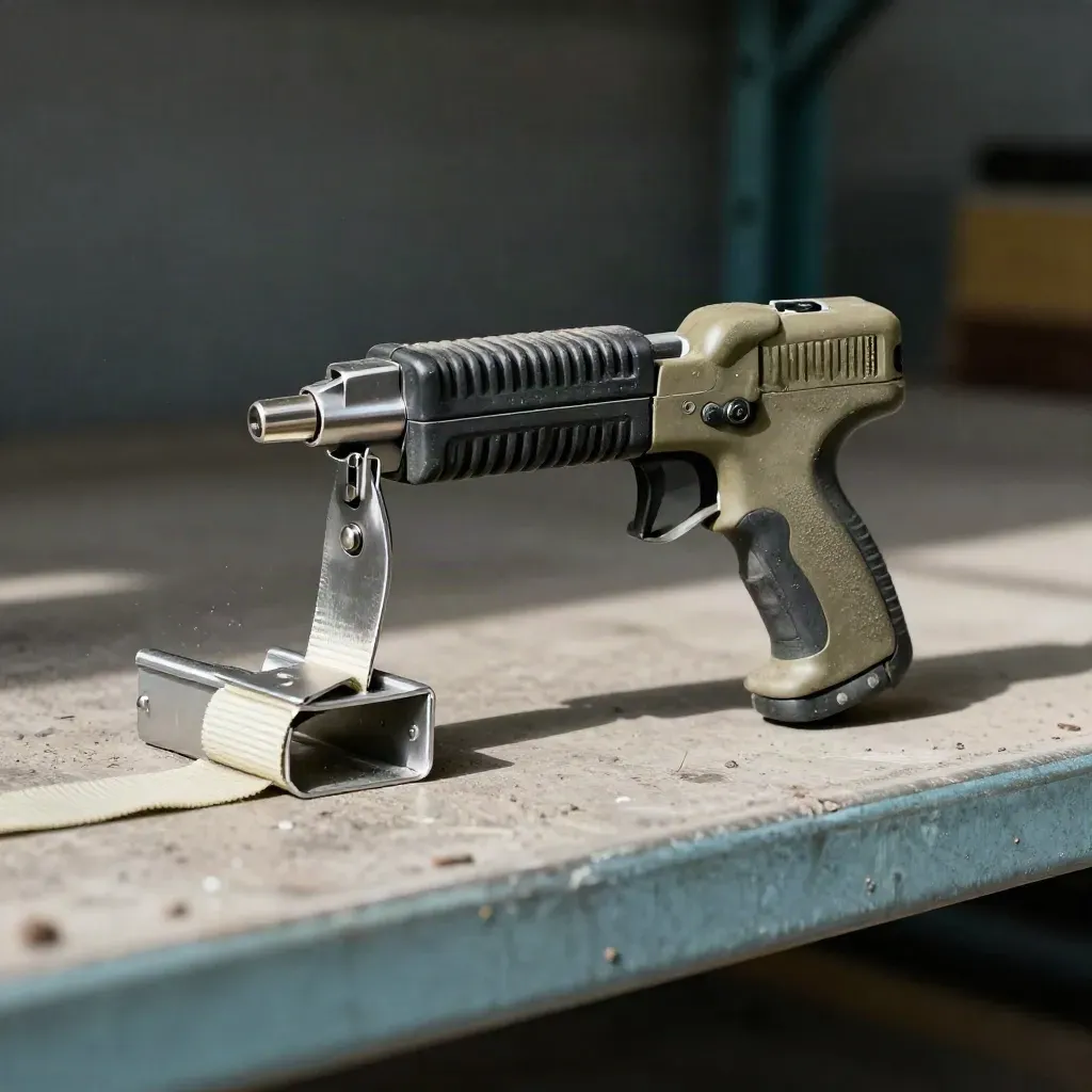Macro still life of parcel tape gun, pallet seal and strap on a dusty loading-dock shelf.