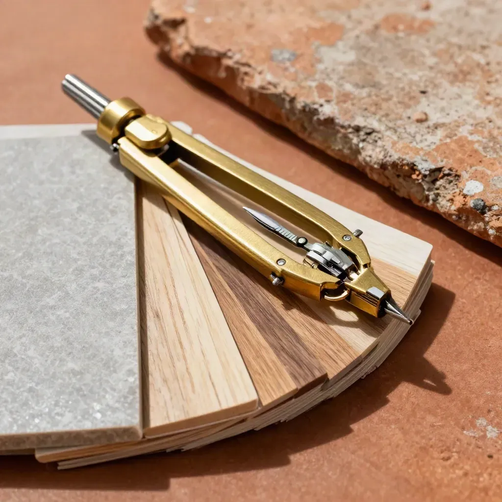 Brass compass on veneer swatches beside a stone sample tile, warm macro still life.