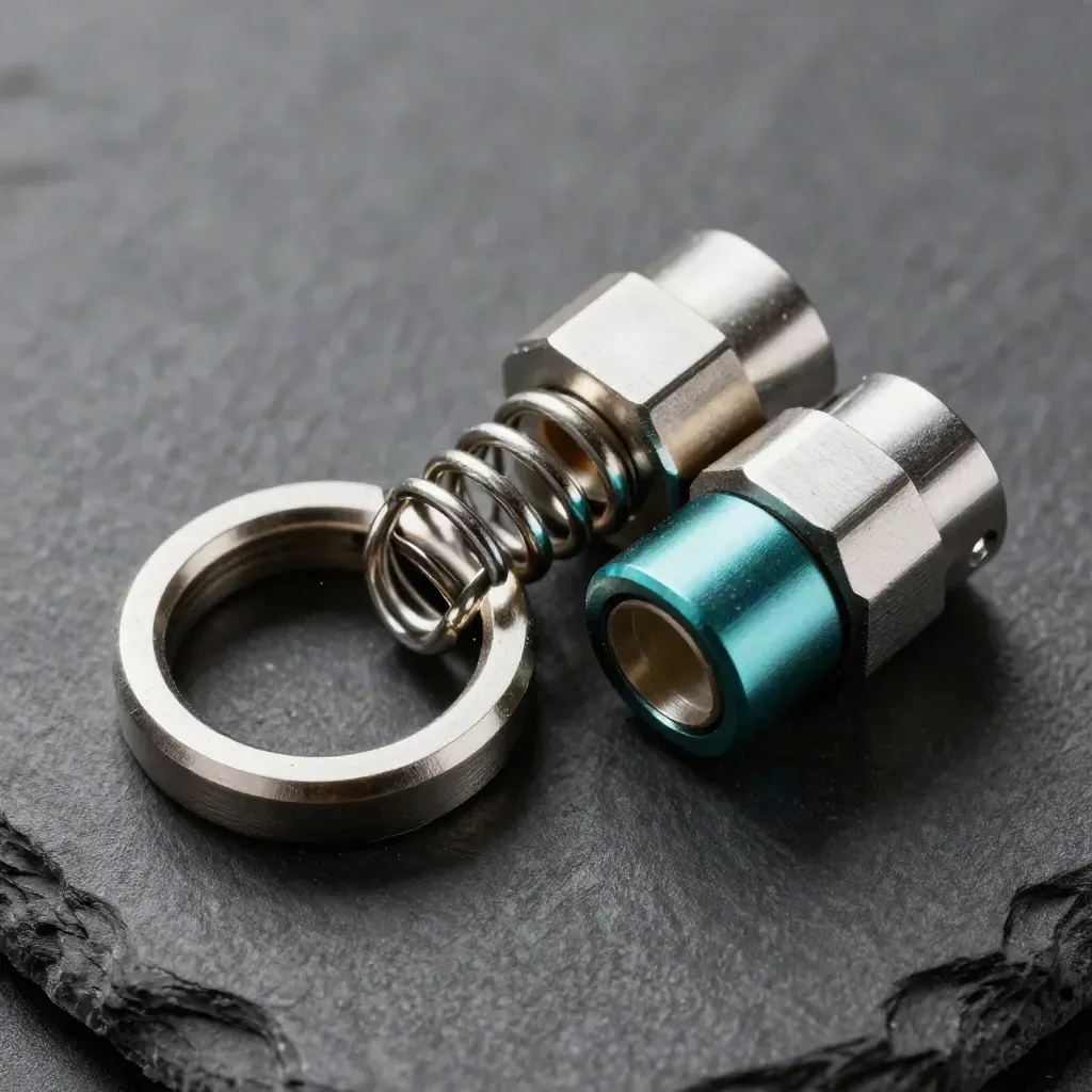 Macro of steel rings, spring clip and connector blocks on slate with teal accent