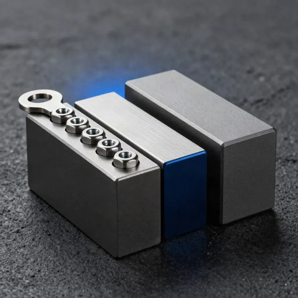 Dovetail metal blocks and fasteners on dark stone under dramatic workshop light.
