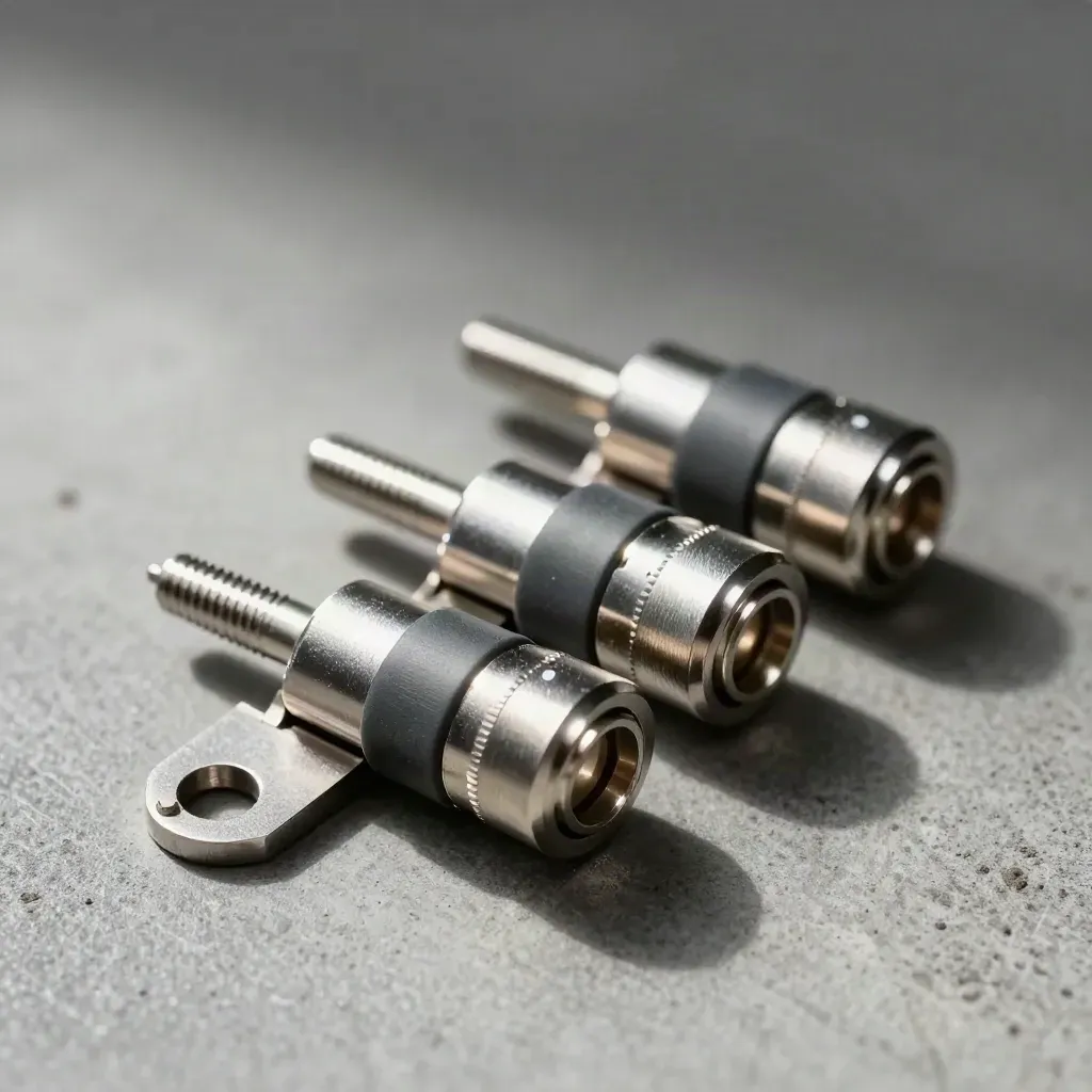 Precision cable couplers and alignment parts on dark concrete in a moody macro still life.