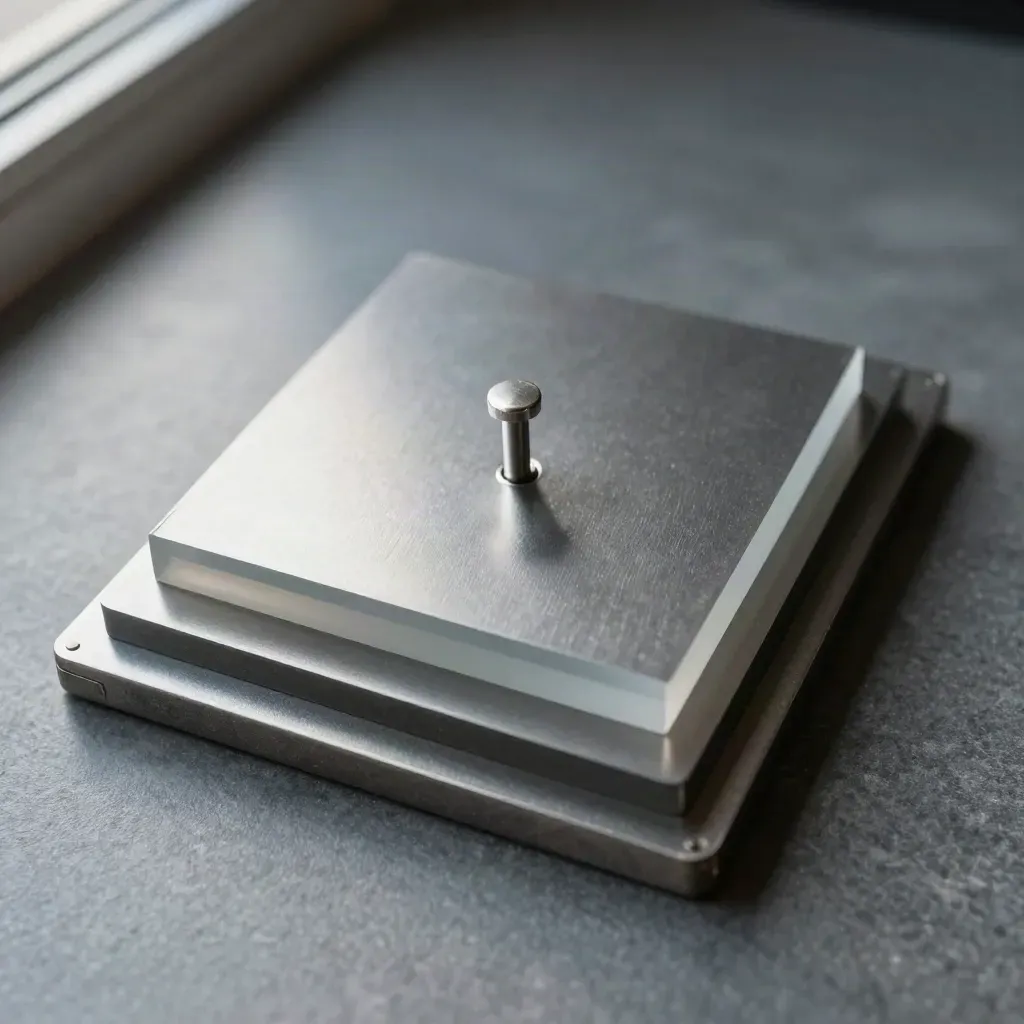 Modular tiles, frosted spacers and an alignment peg on stone, seen from above.