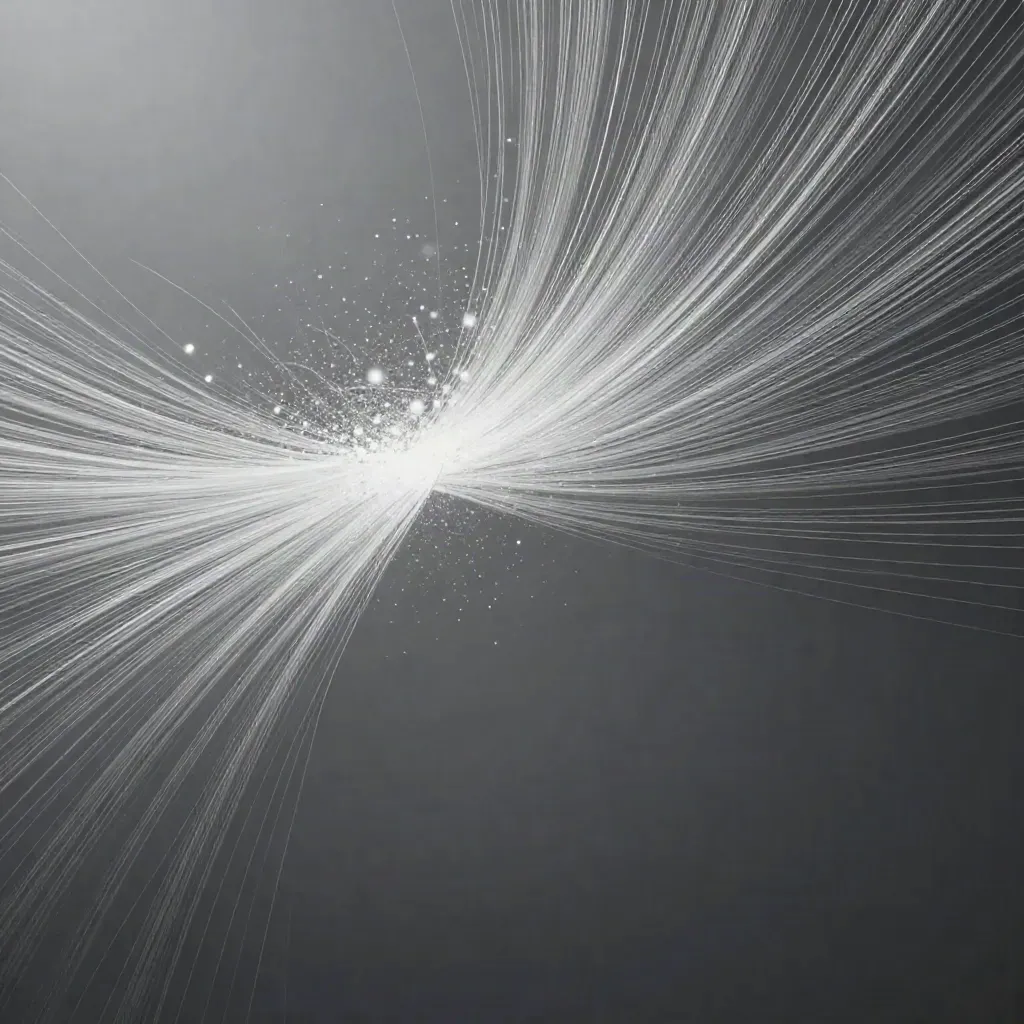 Abstract silver particle streams converge into a soft white bloom over dark graphite haze.