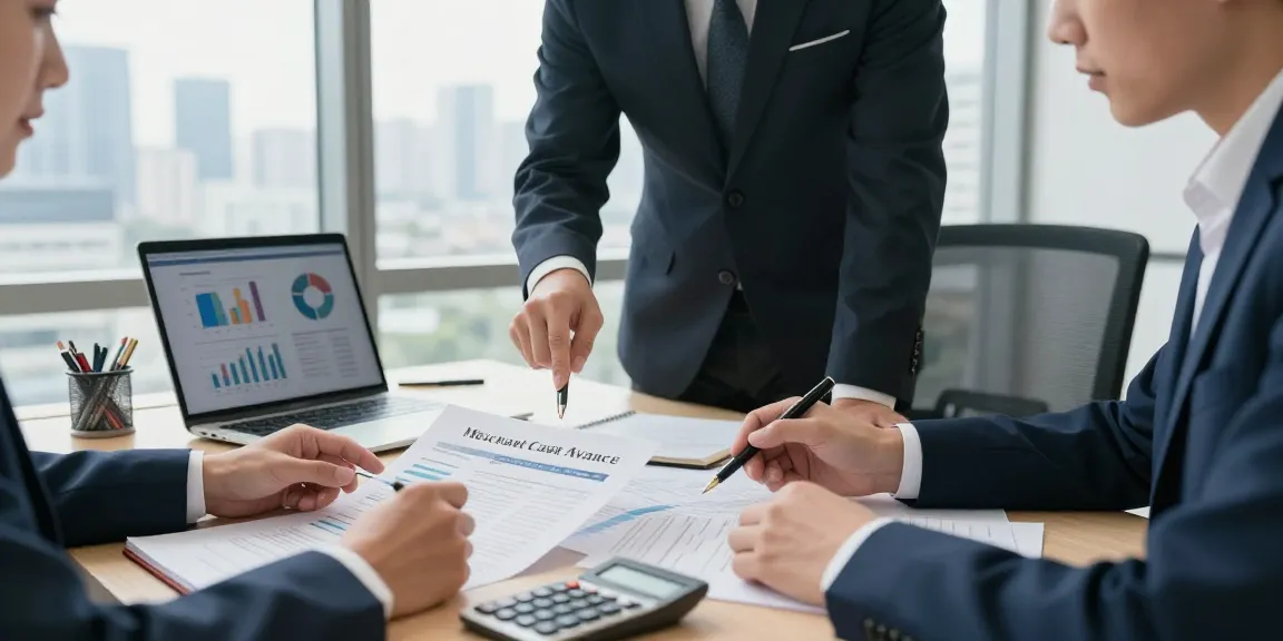 Business team discussing merchant cash advance for small business in a modern office.